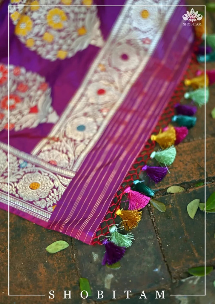 Authentic Kadhuwa Jungla Multi-color Meenakari Jaal Banarasi Silk Saree in Plum with Grand Pallu and Zari  | SILK MARK CERTIFIED