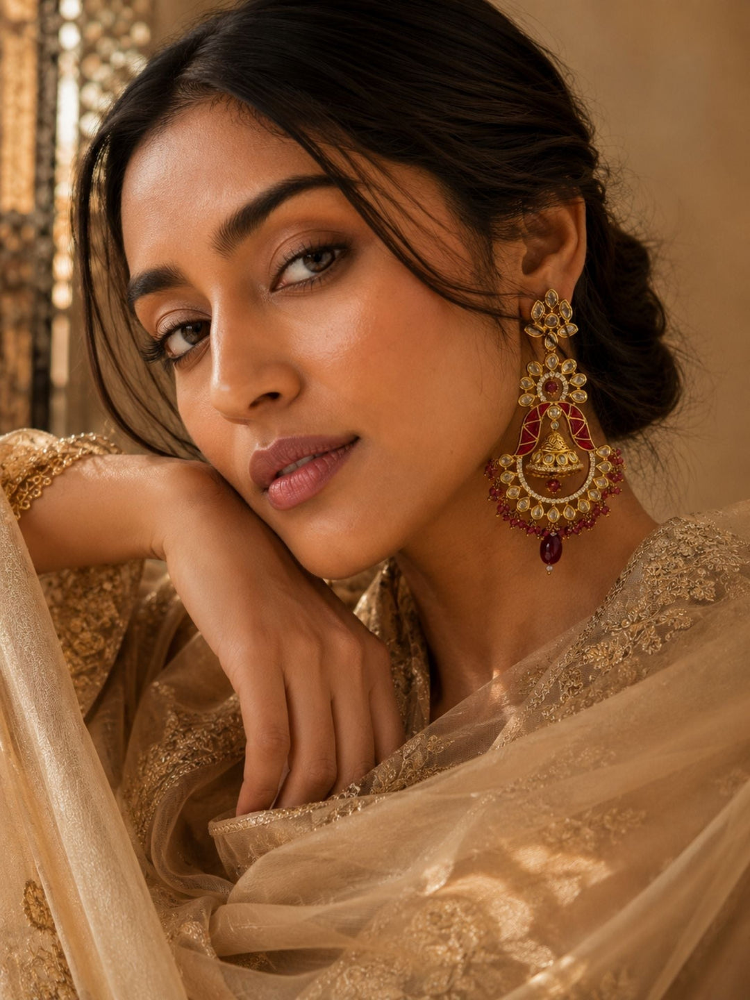 Red Kundan Chandbali Earrings in Gold Finish – Festive Wear | SHOBITAM