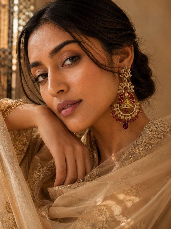 Red Kundan Chandbali Earrings in Gold Finish – Festive Wear | SHOBITAM