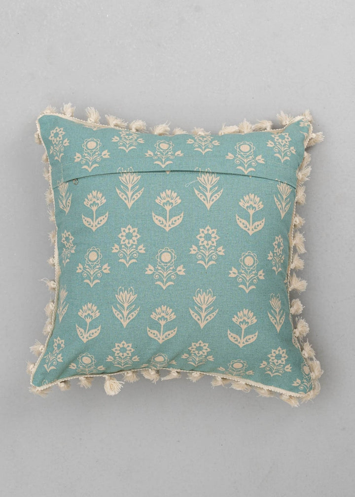 Dahlia Nile Blue Floral Printed Cushion Cover for Sofa with Tassels – 100% Cotton | SHOBITAM