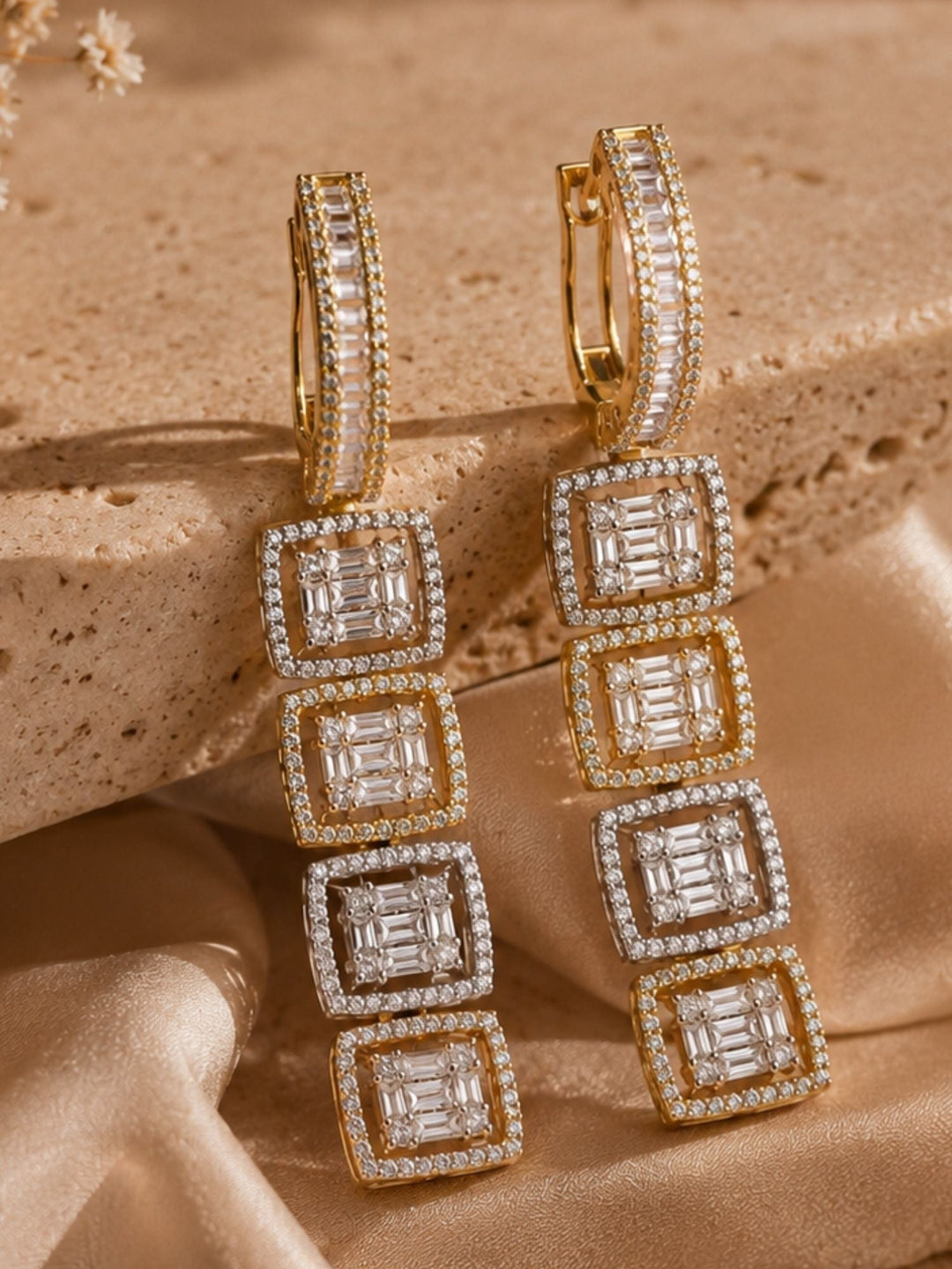 Geometric CZ Drop Earrings in Dual Tone Finish – Party Wear | SHOBITAM