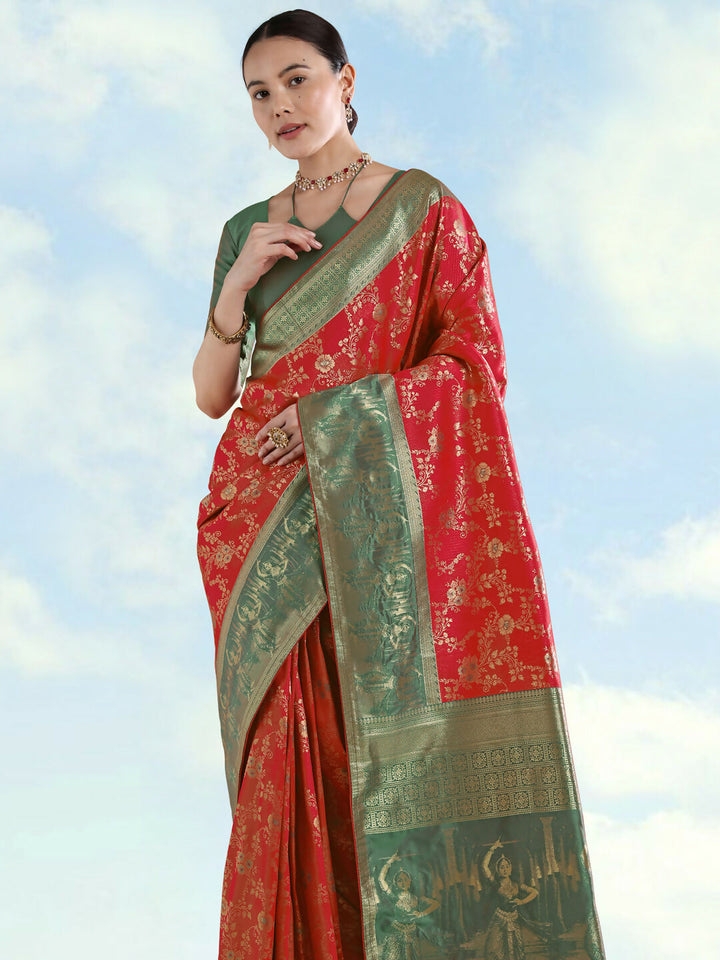 Red Faux Banarasi Silk Saree With Zari Woven Design | SHOBITAM
