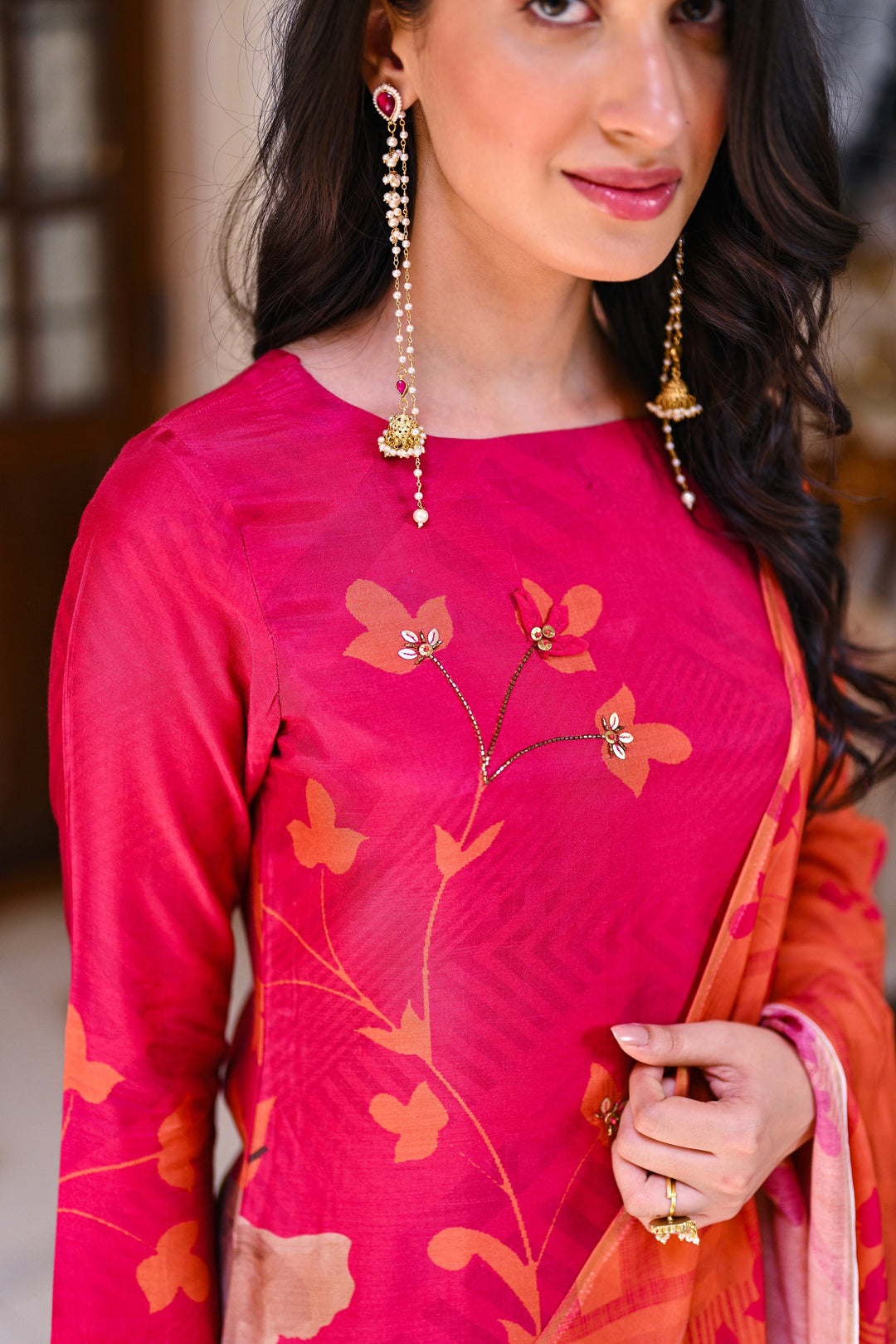 Fresh Pink and Orange Bloom Pure Muslin Suit Set With Patch Work and Moti with Tube Bead Work - SET OF-3 | SHOBITAM