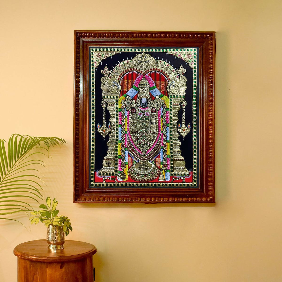 24*18" Balaji Tanjore Painting Authentic with 22 Ct Gold Foil and Jaipur Gemstones, Unframed | SHOBITAM