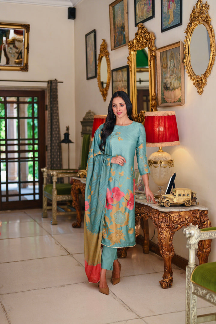 Green Bloom Pure Muslin Suit Set With Patch Work and Moti with Tube Bead Work- SET OF-3 | SHOBITAM