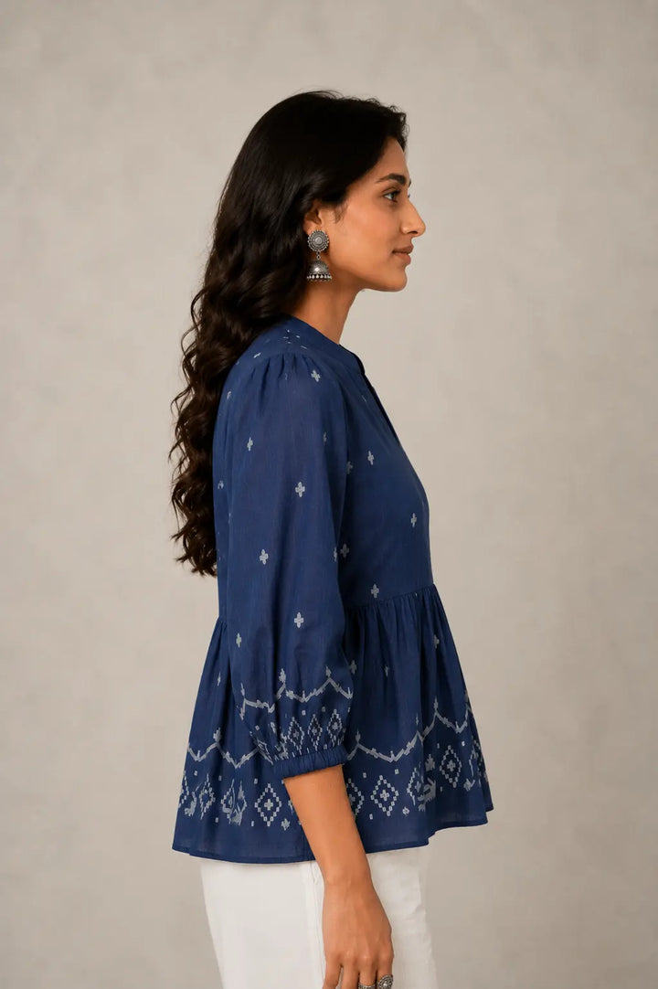 Handloom Indigo Jamdani Peplum Top | SHOBITAM