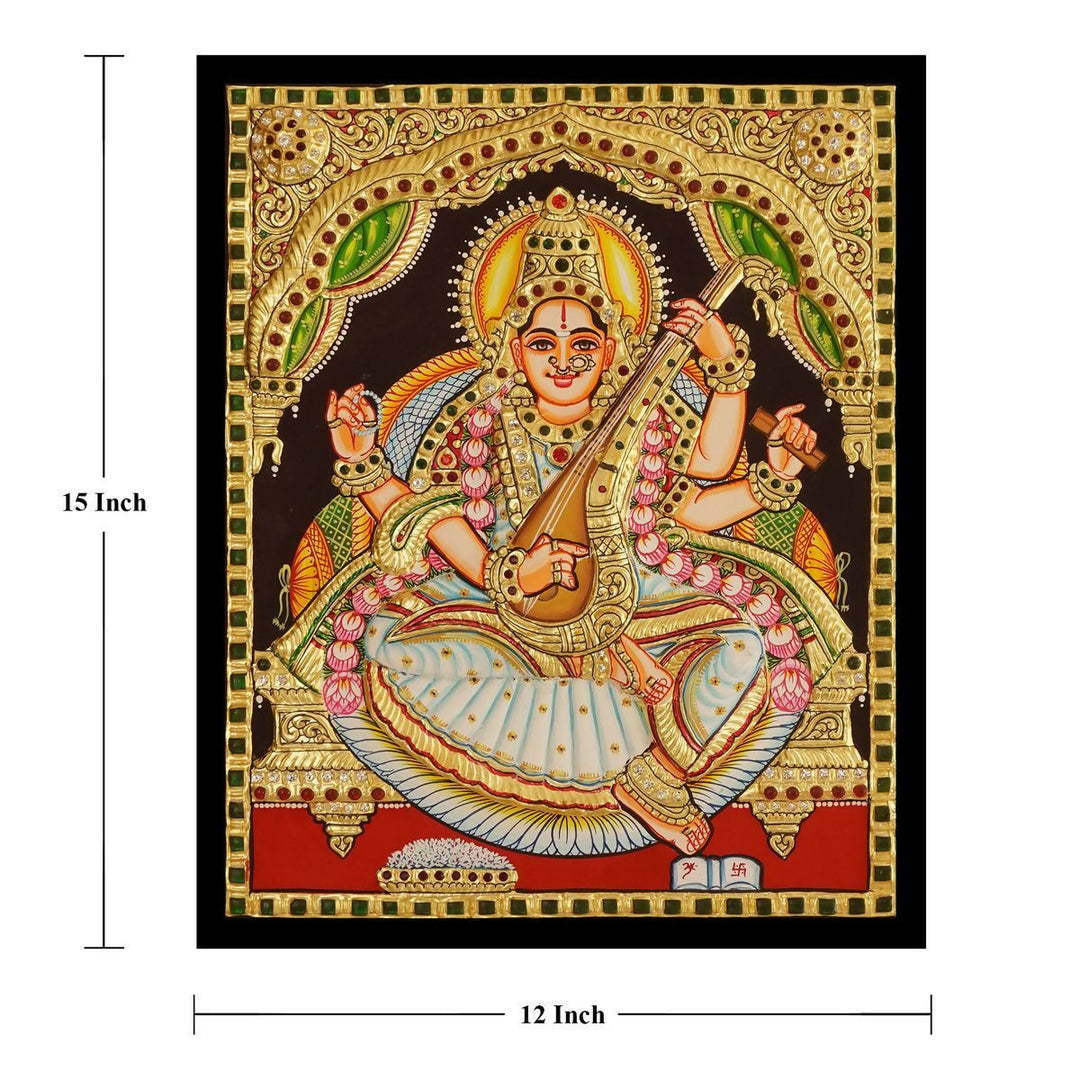 12*15 Authentic TANJORE PAINTING SARASWATHI With 22 Ct gold Foil and Jaipur Gemstones,Unframed | SHOBITAM