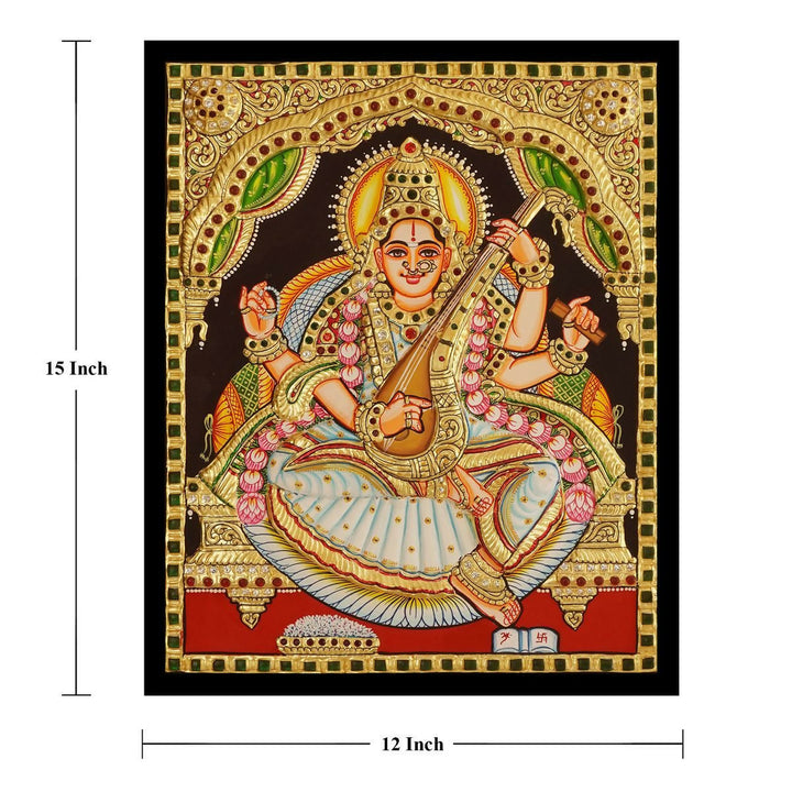12*15 Authentic TANJORE PAINTING SARASWATHI With 22 Ct gold Foil and Jaipur Gemstones,Unframed | SHOBITAM