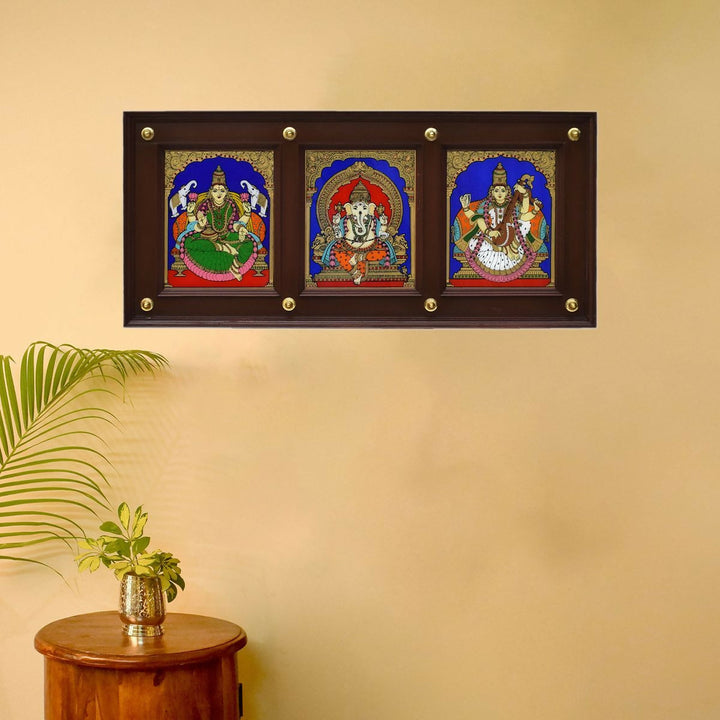 GLASS PAINTING LAKSHMI GANESHA SARASWATHI PANEL | SHOBITAM
