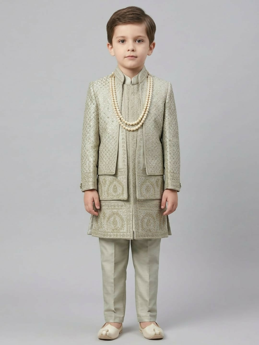 Boys Embroidered Light Grey Sherwani Set with Jacket, Trousers and Pearl Chain | SHOBITAM