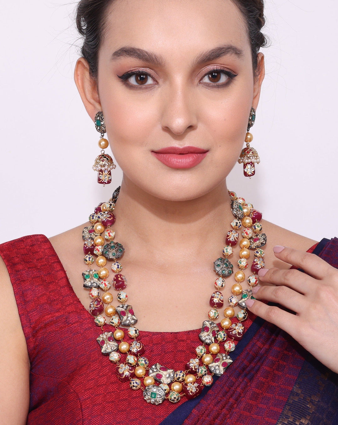 Ruby Red Jaipuri Beads Stone Mala Set  | SHOBITAM
