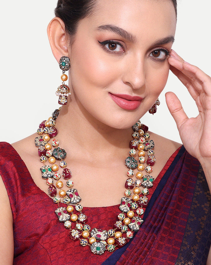 Ruby Red Jaipuri Beads Stone Mala Set  | SHOBITAM