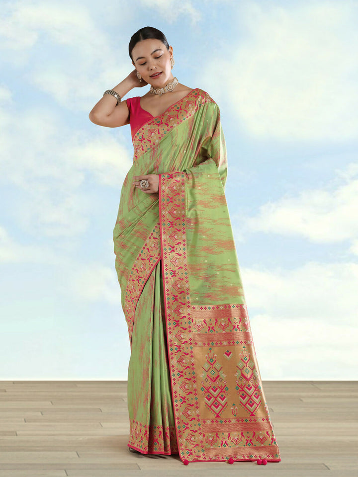 Light Green Color Semi Banarasi Tissue Silk Paithani Woven Saree | SHOBITAM