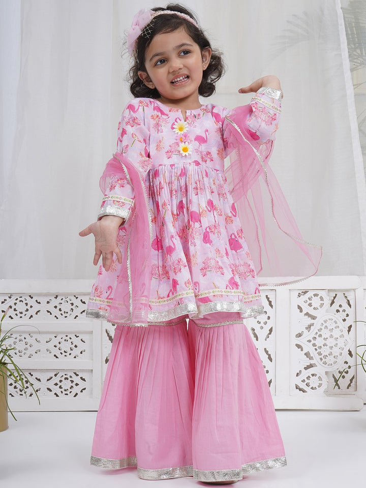 Girls Pink Muslin Flamingo Kurta Sharara Set with Dupatta and Cotton Lining | SHOBITAM