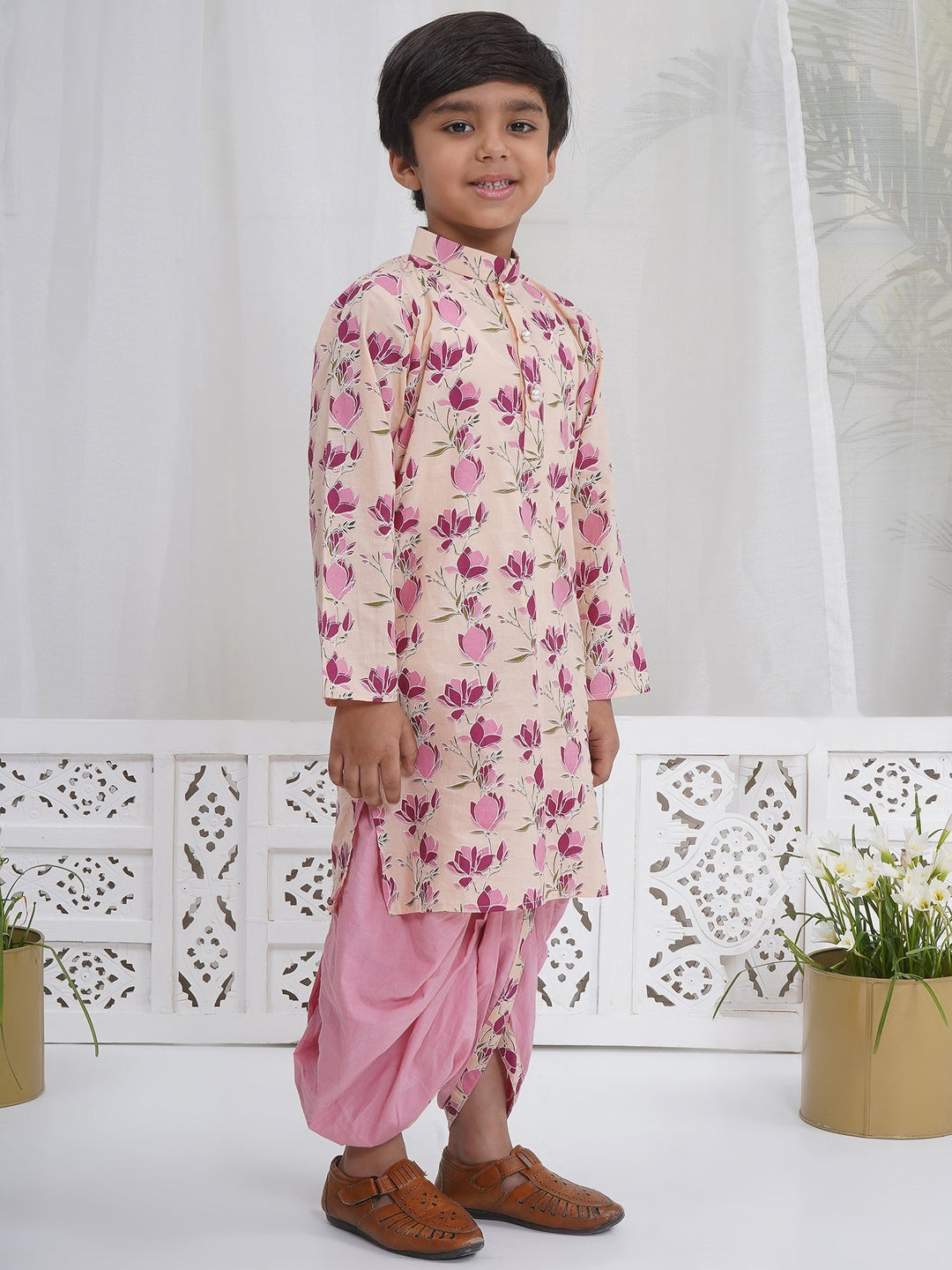 Boys Peach Cotton Lotus Dhoti Kurta Set | SHOBITAM