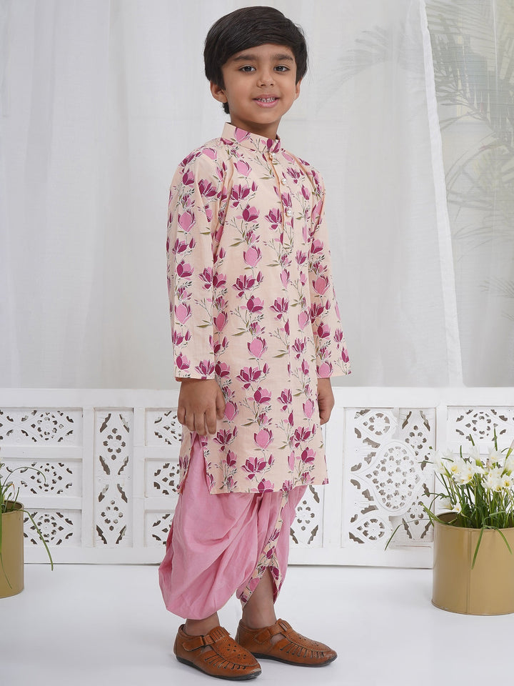 Boys Peach Cotton Lotus Dhoti Kurta Set | SHOBITAM