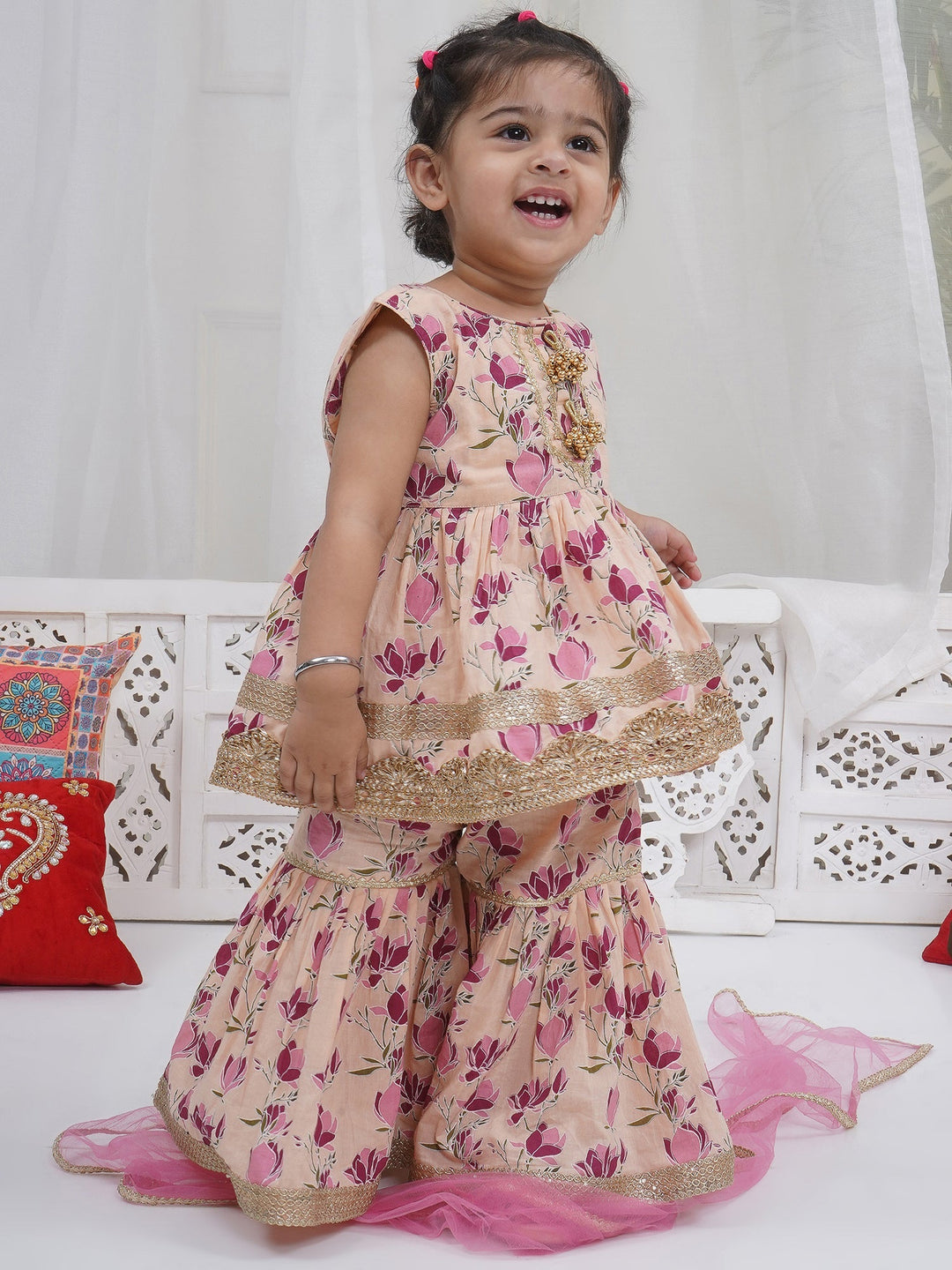 Girls Peach Cotton Lotus Lacework Kurta Sharara Set with Dupatta | SHOBITAM