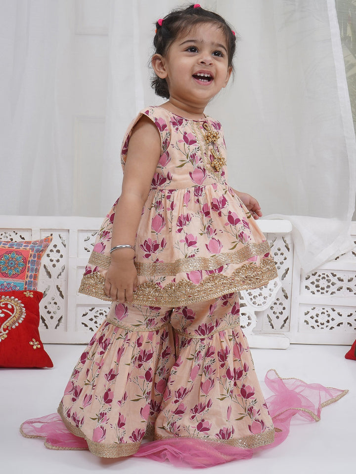 Girls Peach Cotton Lotus Lacework Kurta Sharara Set with Dupatta | SHOBITAM