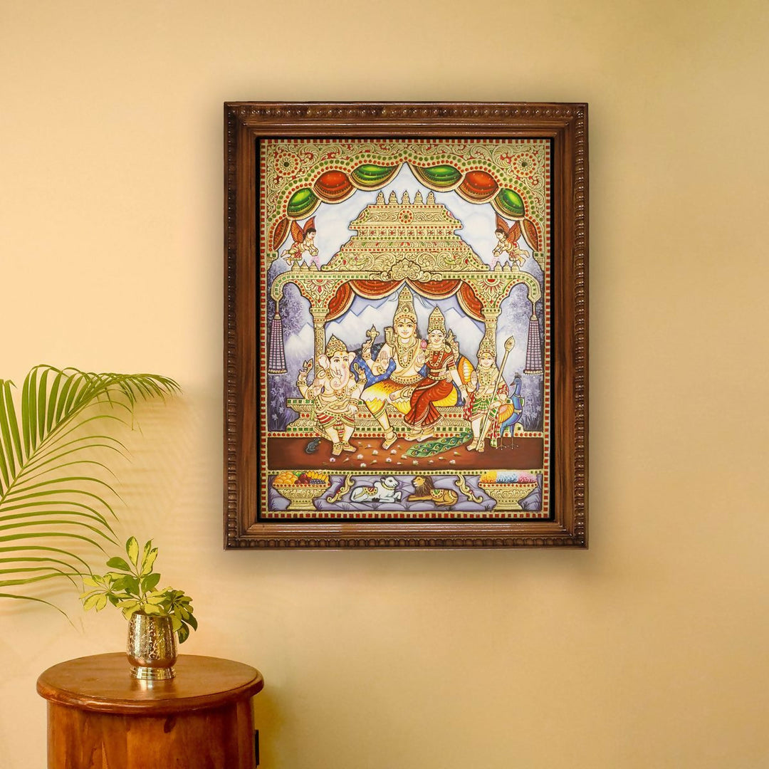 24 x 18 Shiva Family Authentic Tanjore painting with 22 Ct Gold Foil and Jaipur Gemstones, Unframed. | SHOBITAM