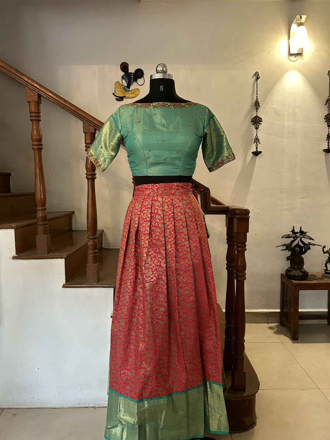 Tomato Red jacquard sea blue semi Kanchi lehenga | SHOBITAM