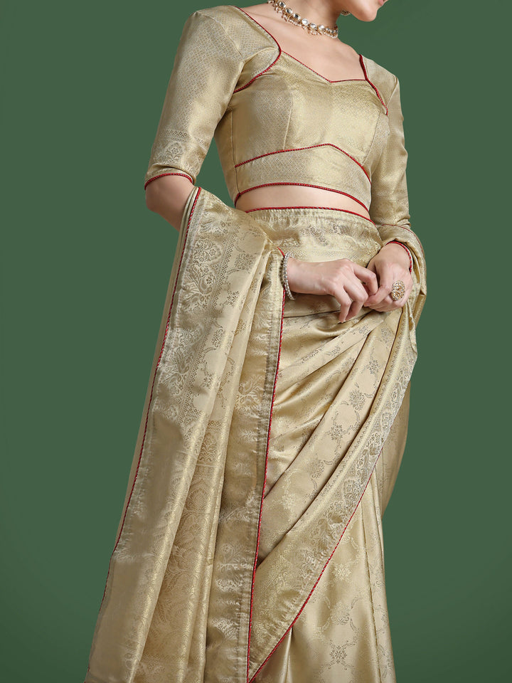Golden Kanjivaram Satin Silk Woven Saree | SHOBITAM
