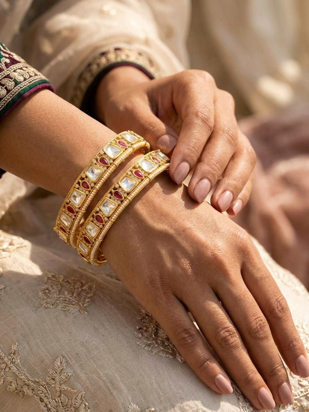 Gold Plated Classic Polki Moissanite Bangles | SHOBITAM