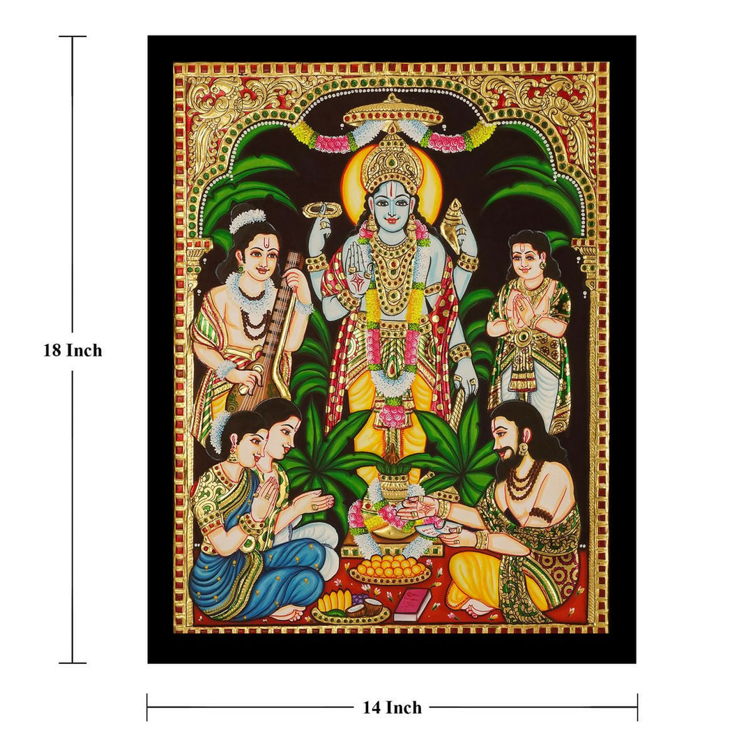 18*14" Sathyanarayana Tanjore Painting Authentic With 22 Ct Gold Foil and Jaipur Gemstones, Unframed | SHOBITAM