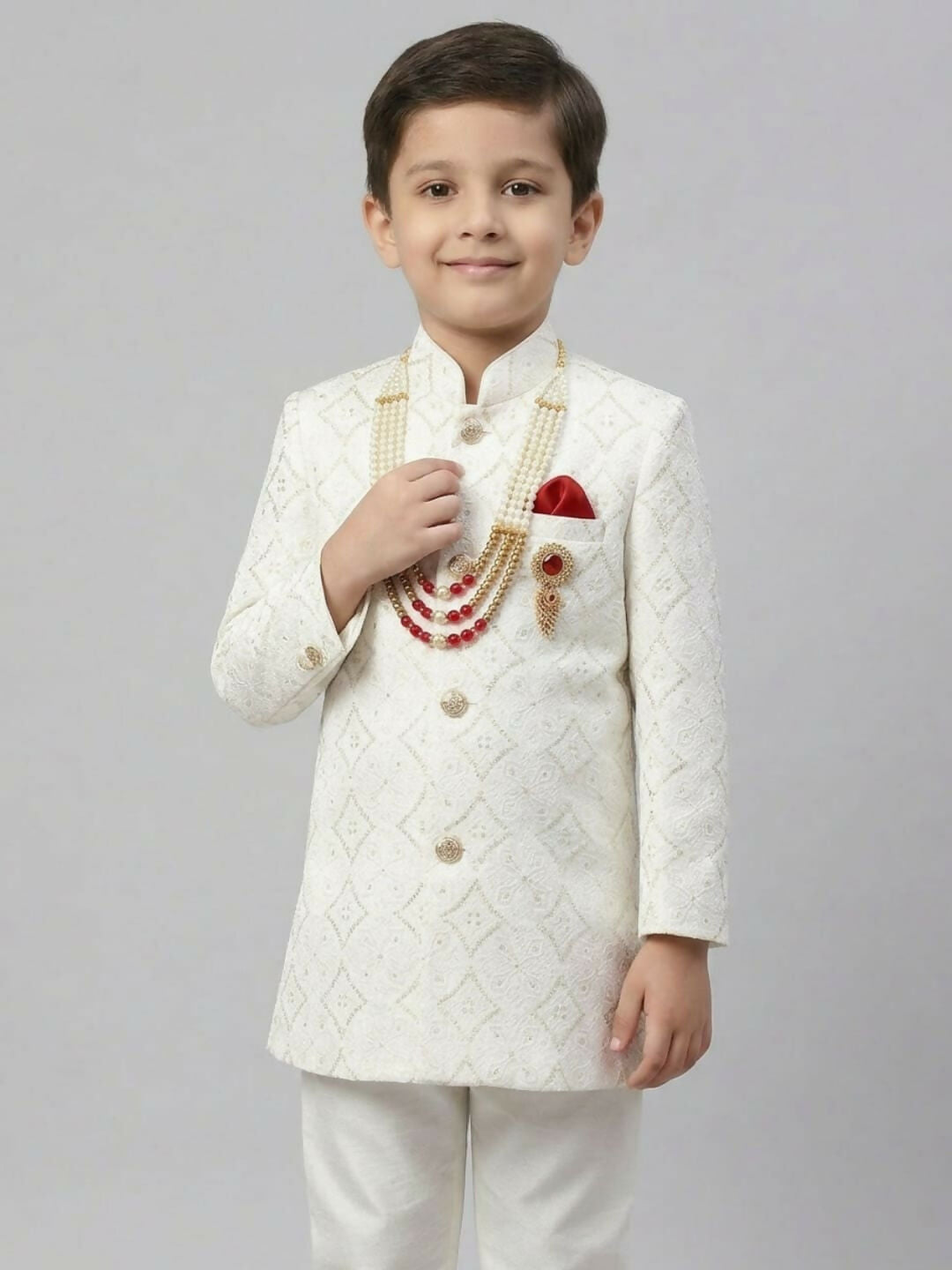 Boys Embroidered White Indo Western Sherwani Set and Trouser with Pocket | SHOBITAM