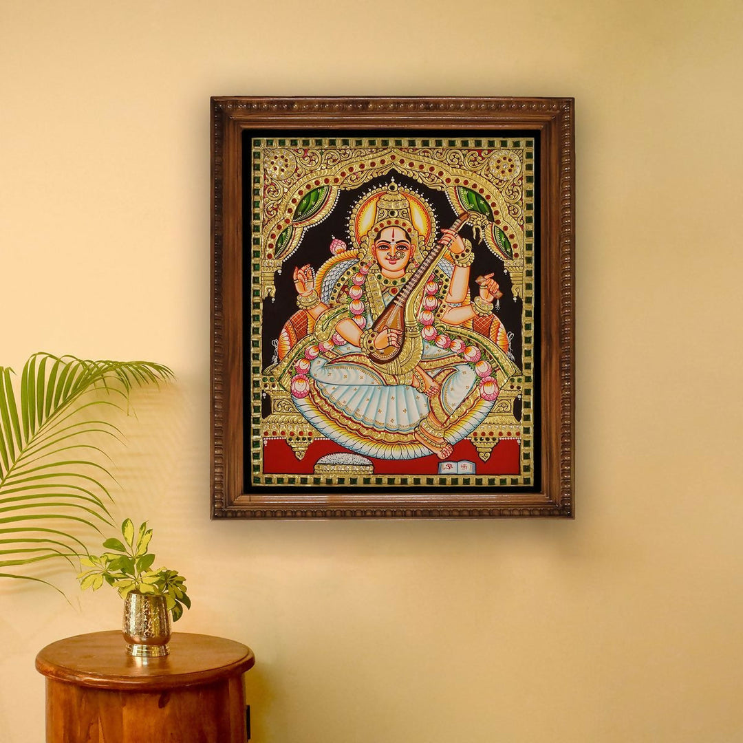 12*15 Authentic TANJORE PAINTING SRASWATHI With 22 Ct gold Foil and Jaipur Gemstones,Unframed | SHOBITAM