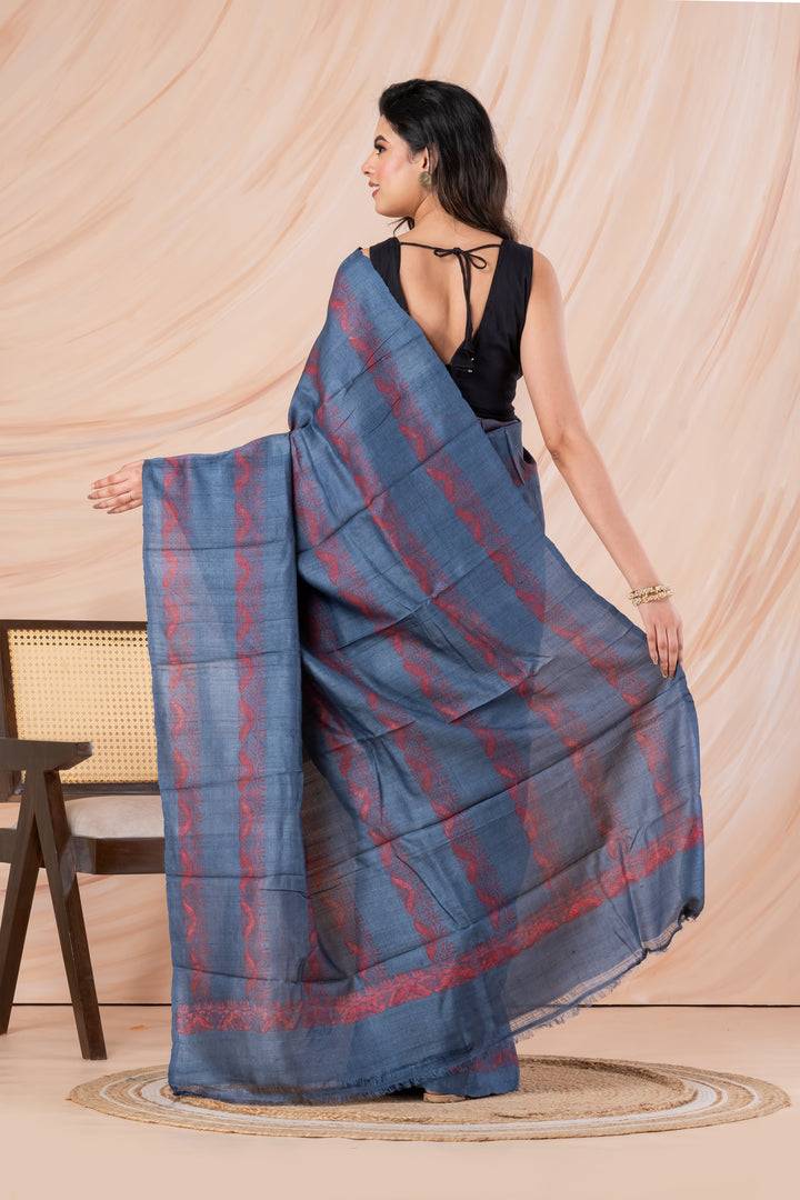 Dull blue printed tussar saree | SHOBITAM