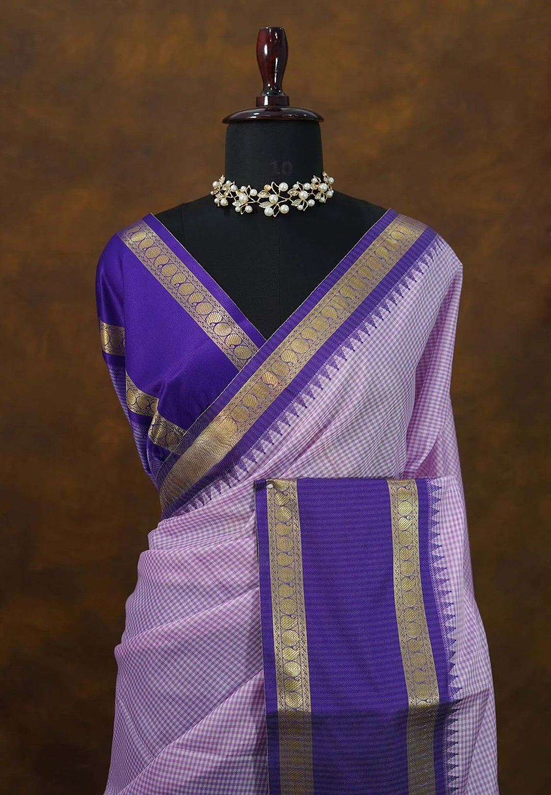 Lilac Vintage Checks Design Semi Cotton Silk Saree | SHOBITAM
