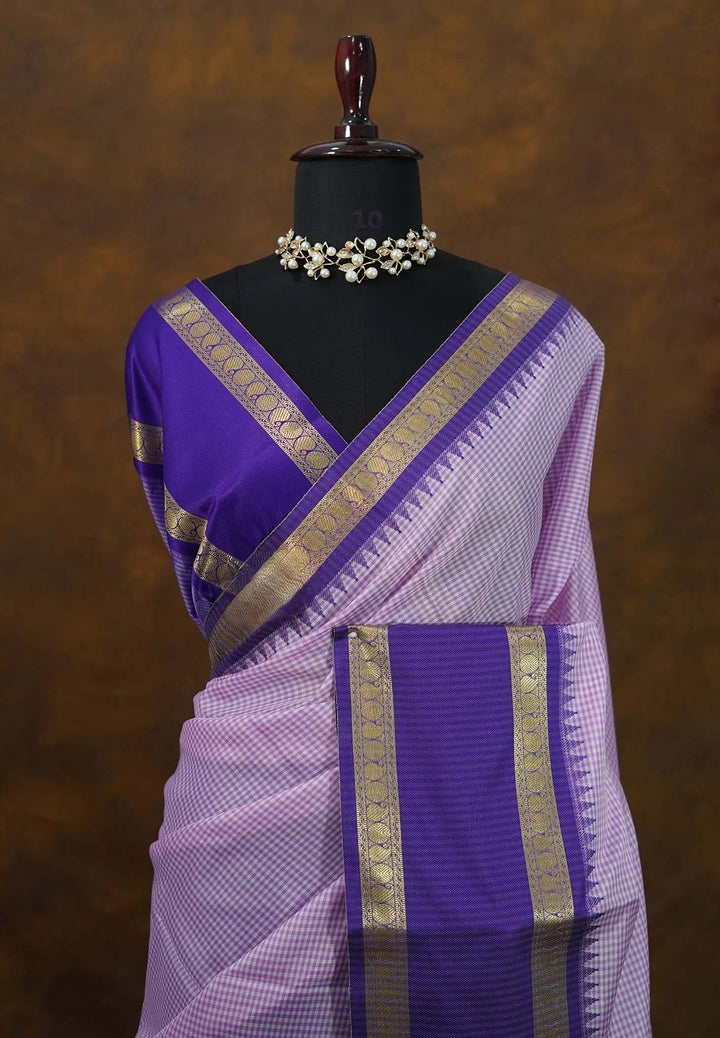 Lilac Vintage Checks Design Semi Cotton Silk Saree | SHOBITAM