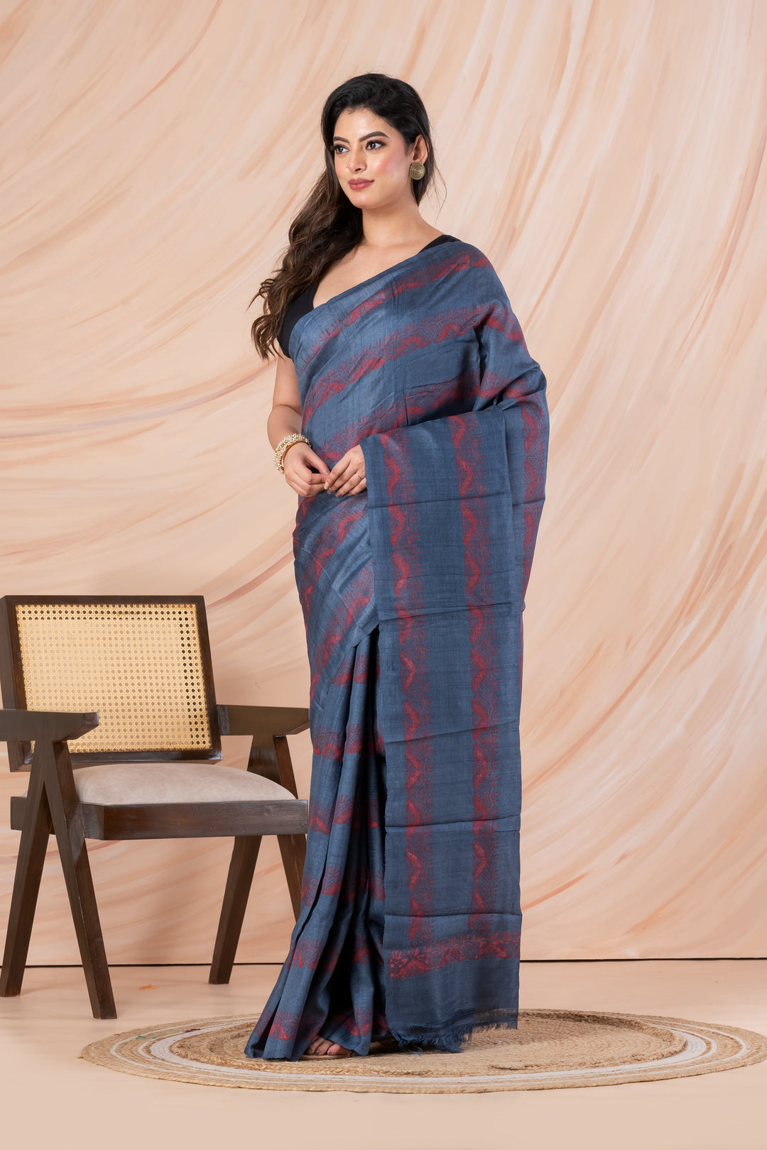 Dull blue printed tussar saree | SHOBITAM