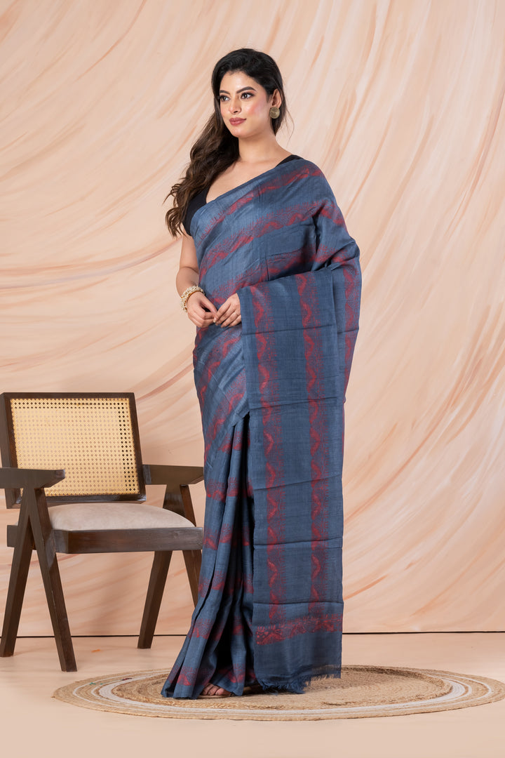 Dull blue printed tussar saree | SHOBITAM