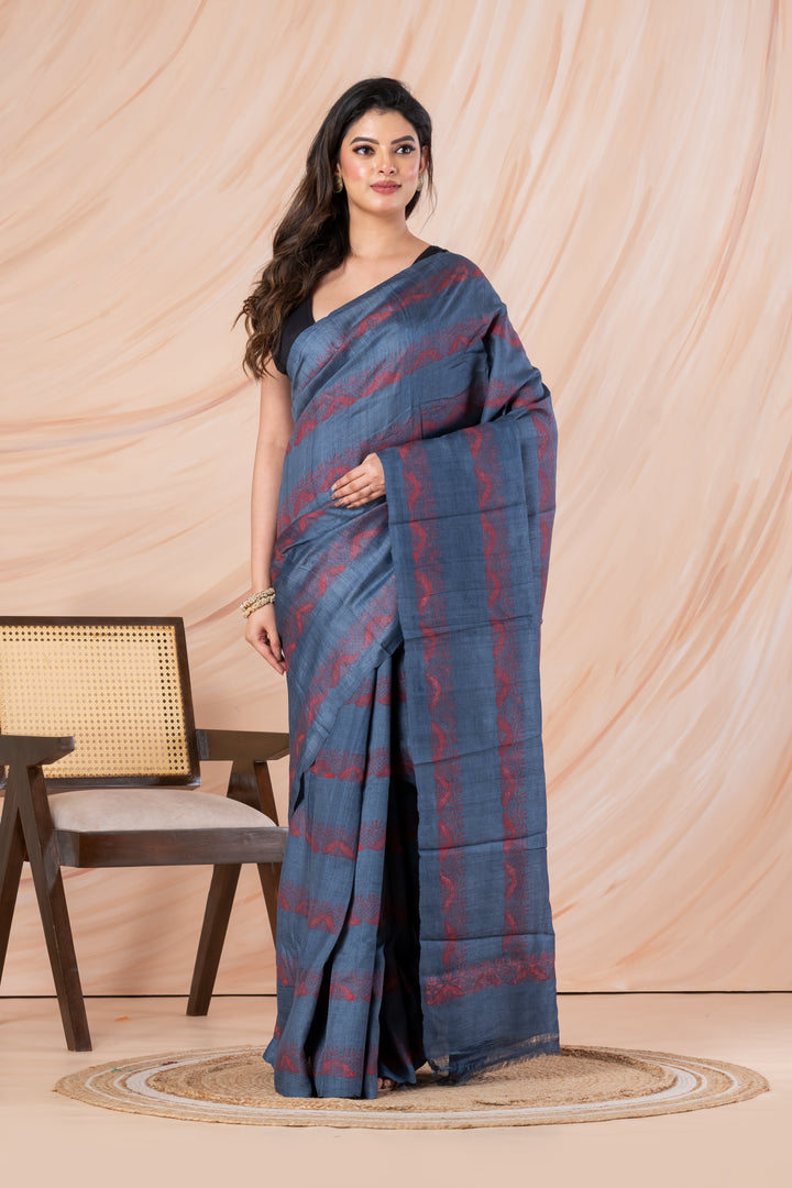 Dull blue printed tussar saree | SHOBITAM