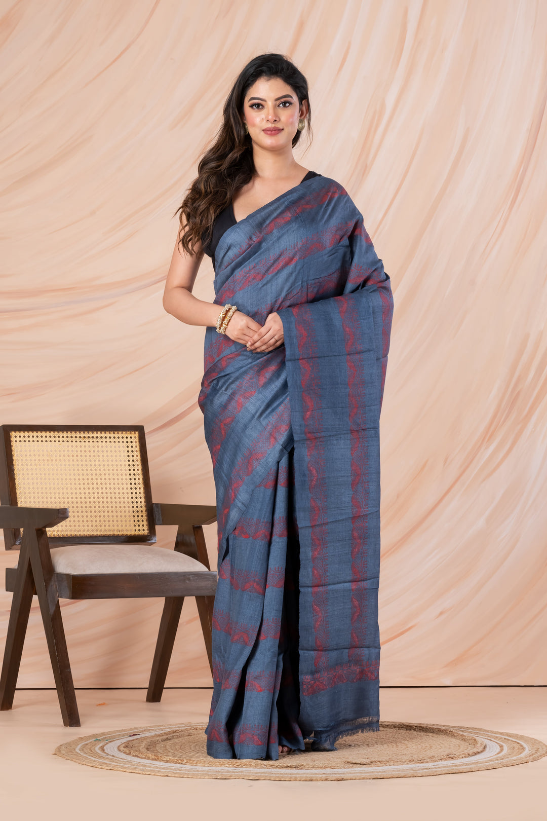 Dull blue printed tussar saree | SHOBITAM