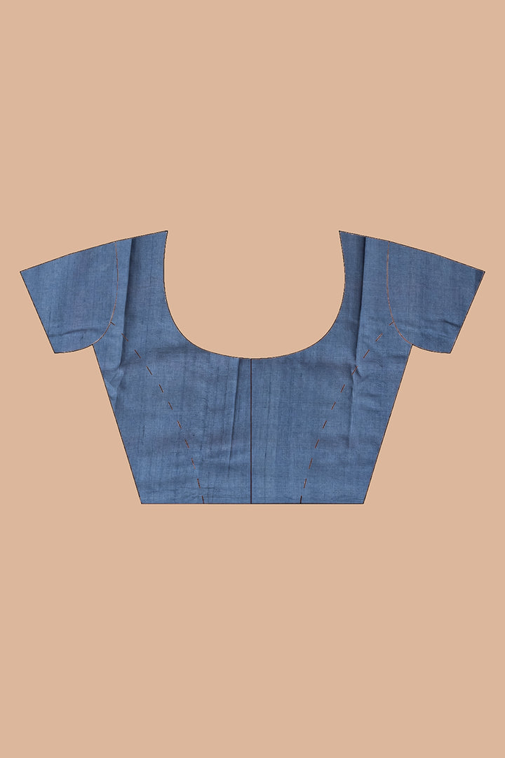 Dull blue printed tussar saree | SHOBITAM