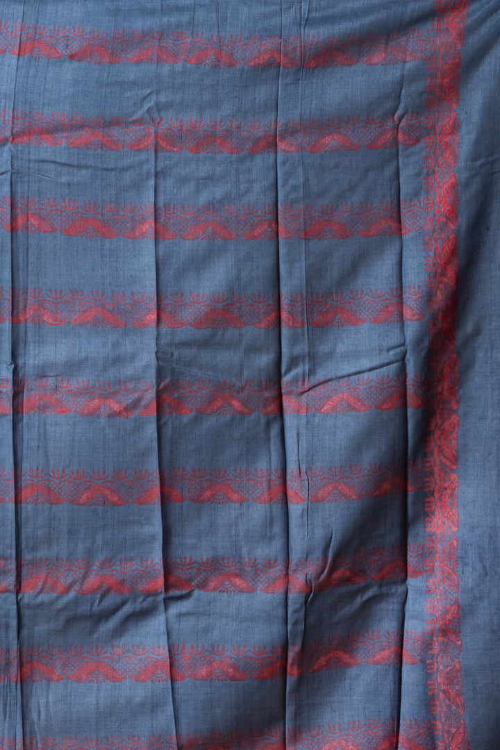 Dull blue printed tussar saree | SHOBITAM