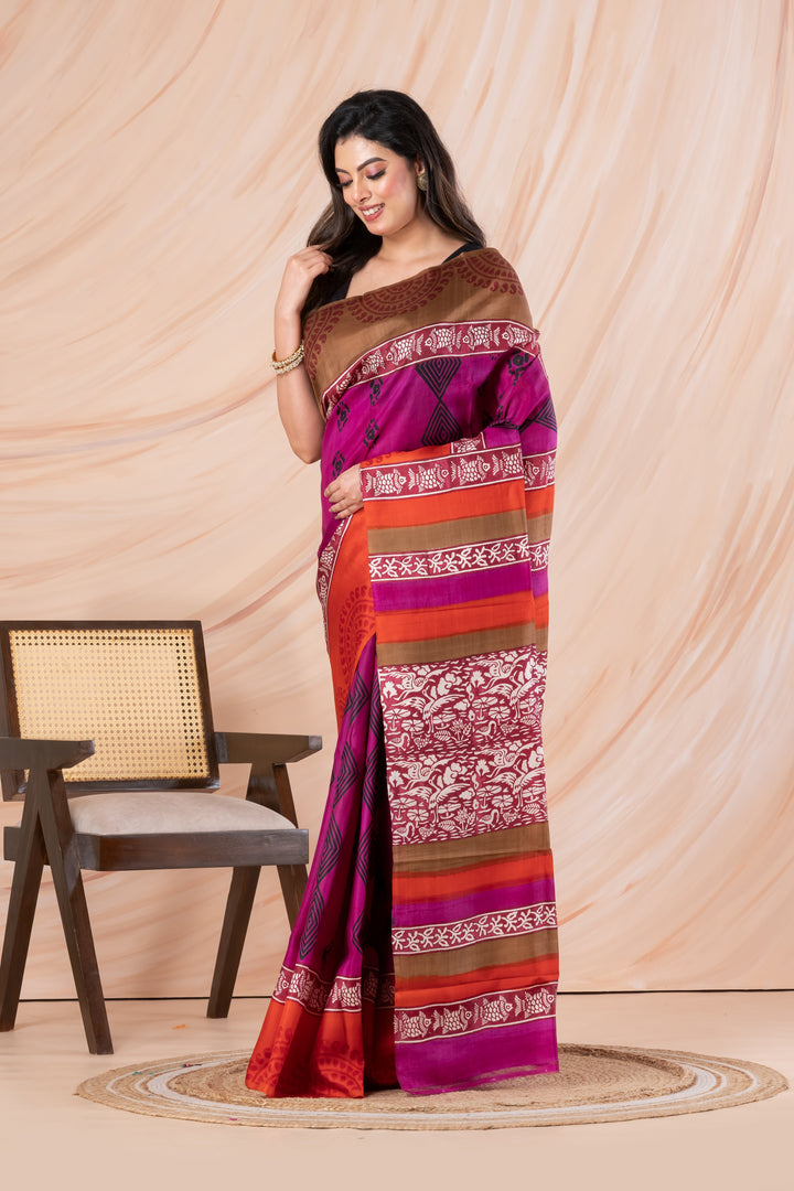 Ganga jamuna majenta printed pure silk  | SILK MARK CERTIFIED | SHOBITAM