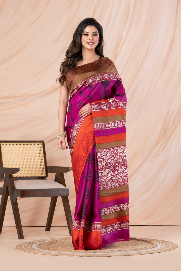 Ganga jamuna majenta printed pure silk  | SILK MARK CERTIFIED | SHOBITAM