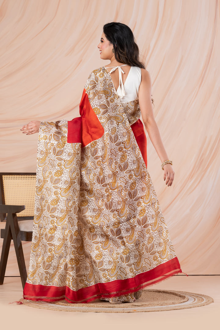 Radiant Red-Orange Ombre Pure printed Silk Saree  | SILK MARK CERTIFIED | SHOBITAM