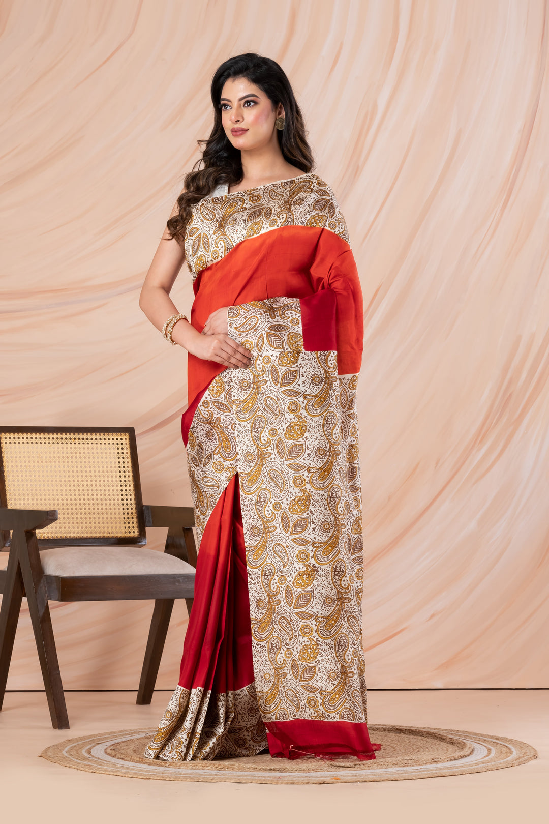 Radiant Red-Orange Ombre Pure printed Silk Saree  | SILK MARK CERTIFIED | SHOBITAM