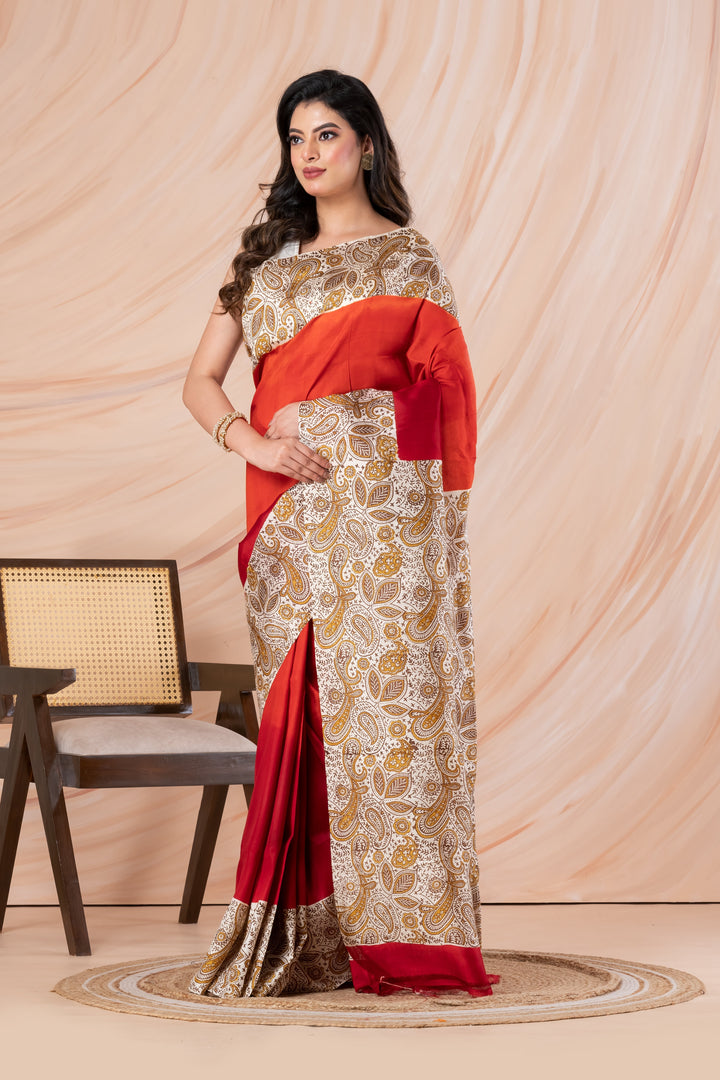 Radiant Red-Orange Ombre Pure printed Silk Saree  | SILK MARK CERTIFIED | SHOBITAM