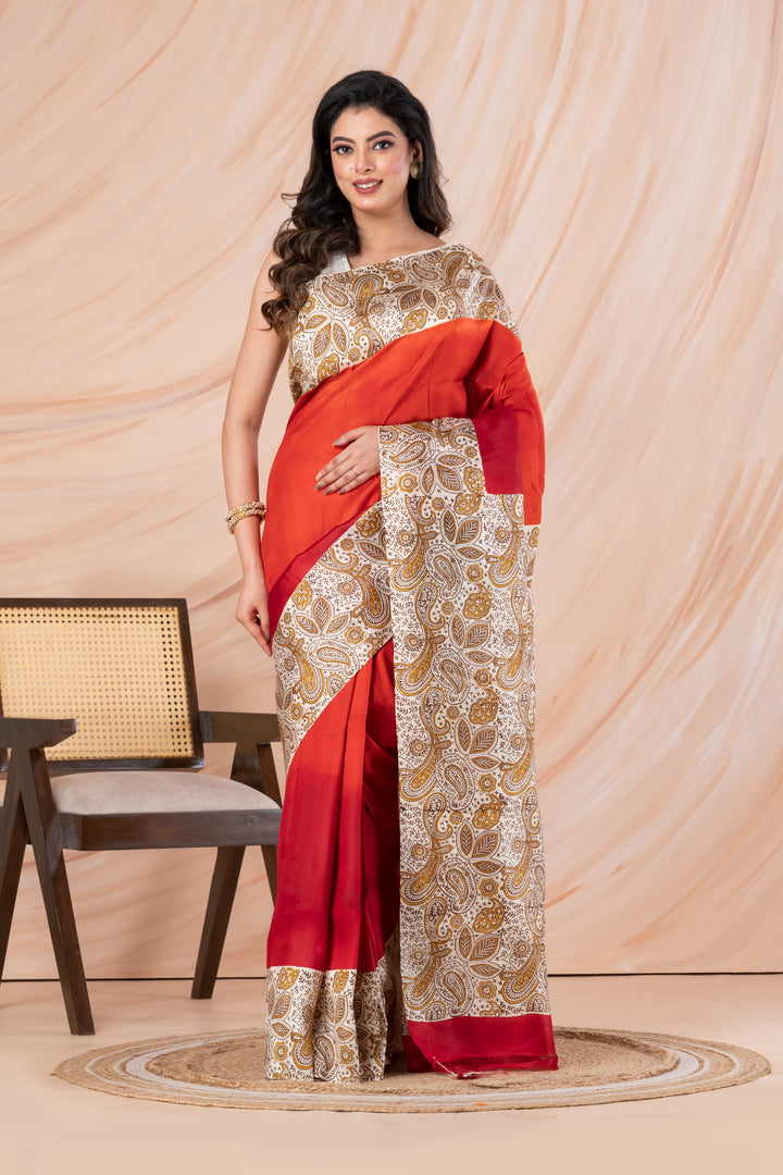 Radiant Red-Orange Ombre Pure printed Silk Saree  | SILK MARK CERTIFIED | SHOBITAM