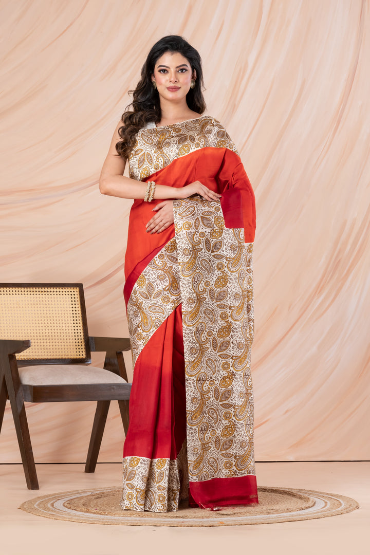 Radiant Red-Orange Ombre Pure printed Silk Saree  | SILK MARK CERTIFIED | SHOBITAM