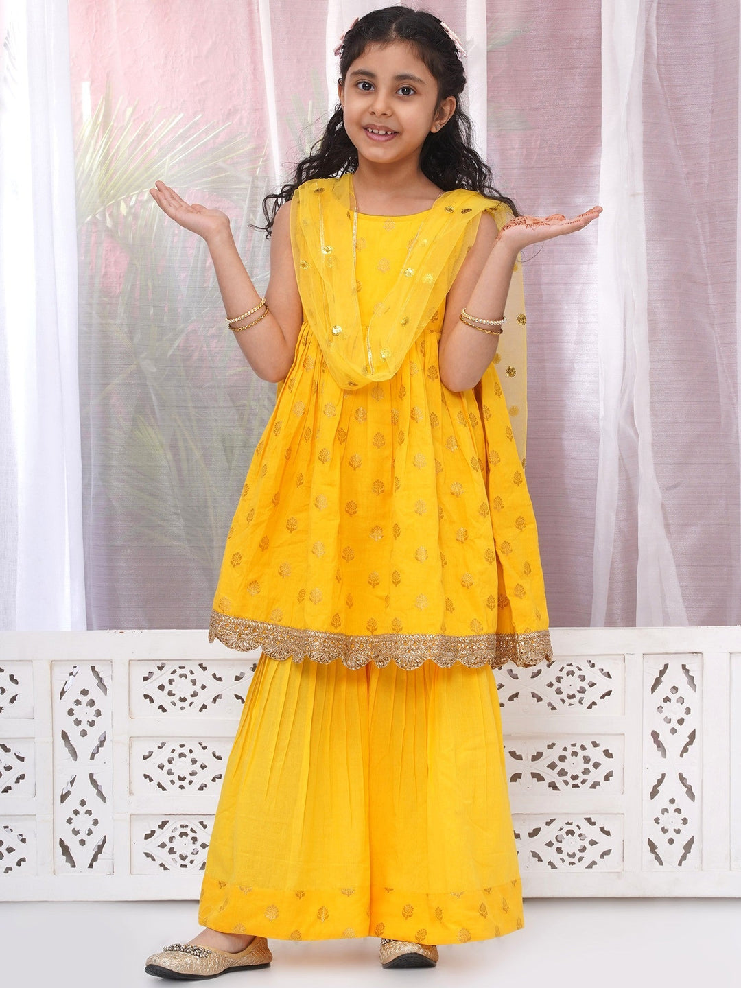Girls Cotton Sleeveless Kurta Frock with Sharara and Dupatta with Golden Floral Zari Work - Haldi Yellow | SHOBITAM