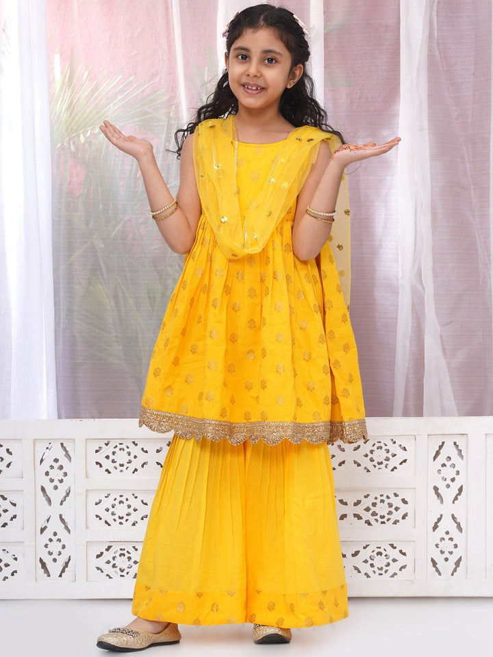 Girls Cotton Sleeveless Kurta Frock with Sharara and Dupatta with Golden Floral Zari Work - Haldi Yellow | SHOBITAM