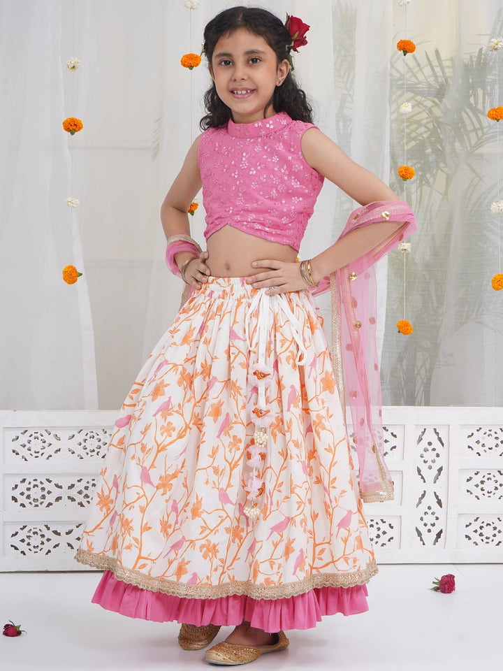Girls Bird and Floral Embroidery Lehenga Set | SHOBITAM