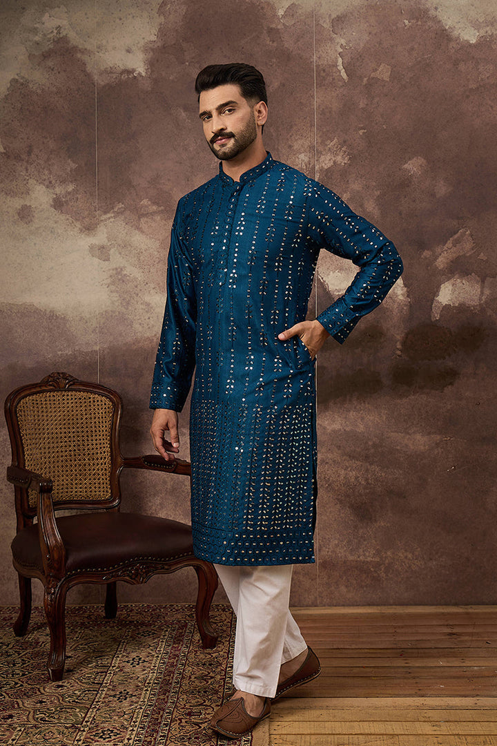 Blue Silk Blend Solid Embroidered Straight Kurta With Pant Set | SHOBITAM
