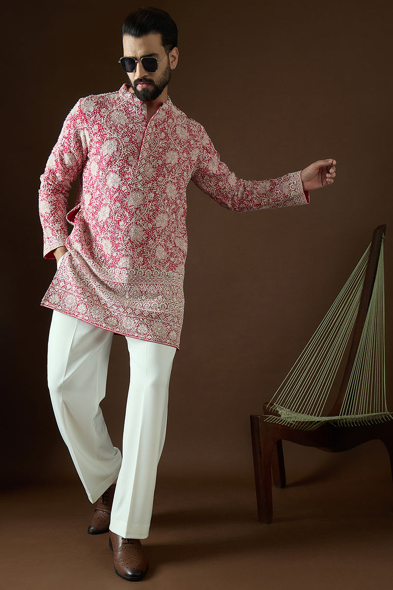 Pink Georgette Solid Embroidered Straight Kurta | SHOBITAM